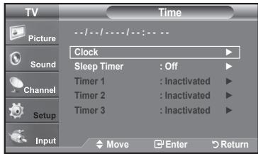 TV Picture Sound Channel Setup Input Time --/--/----/----:---- Clock Sleep Timer : Off Timer 1 : Inactivated Timer 2 : Inactivated Timer 3 : Inactivated Move Enter Return