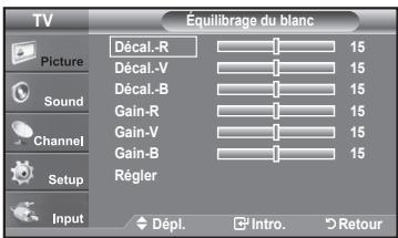 TV Picture Sound Channel Setup Input Décal.-R Décal.-V Décal.-B Gain-R Gain-V Gain-B Régler Équilibrage du blanc 15 15 15 15 15 15 Dépl. Intro. Retour