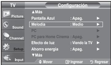 TV Picture Sound Channel Setup Input Configuración ▲ Más Pantalla Azul : Apag. Melodia : Medio PC PC para Home Cinema : Apag. Efecto de luz : Viendo la TV Ahorro energía : Apag. ▼ Más Mover Ingresar Regresar