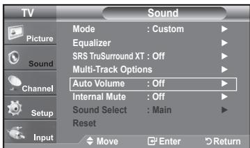 TV Sound Picture Mode : Custom ▶ Equalizer ▶ SRS TruSurround XT : Off ▶ Multi-Track Options ▶ Channel Auto Volume : Off ▶ Internal Mute : Off ▶ Sound Select : Main ▶ Reset Input Move Enter Return