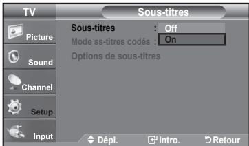 TV Picture Sound Channel Setup Input Sous-titres : Off Mode ss-titres codés : On Options de sous-titres Dépl. Intro. Retour