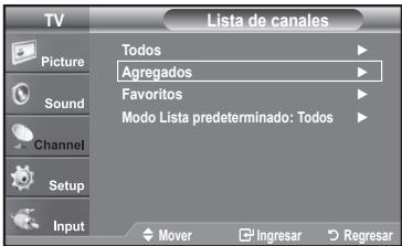 TV Picture Sound Channel Setup Input Lista de canales Todos Agregados Favorites Modo Lista predeterminado: Todos Mover Ingresar Regresar