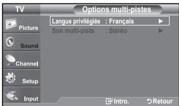 TV Options multi-pistes Langue privilégiée : Français Son multi-piste : Stéréo Picture Sound Channel Setup Input Intro. Retour