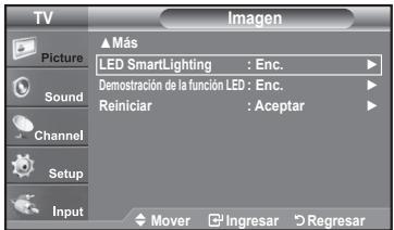 TV Picture Sound Channel Setup Input ▲ Más LED SmartLighting : Enc. Demonstración de la función LED : Enc. Reiniciar : Aceptar Mover Ingresar Regresar