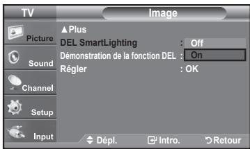 TV Picture Sound Channel Setup Input ▲Plus DEL SmartLighting : Off Démonstration de la fonction DEL : On Régler : OK Dépl. Intro. Retour
