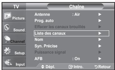 TV Picture Sound Channel Setup Input Chaine Antenne : Air Prog. auto Effacer les canaux brouillés Liste des canaux Nom Syn. Précise Puissance signal AFB : On Dépl. Intro Retour