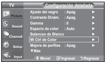 TV Picture Sound Channel Setup Input Ajuste del negro : Apag. Contraste Dinám. : Apag. Gamma : 0 Espacio de color : Auto Balanceo de Blanco Mi Ctrl de Color Mejora de perfiles : Apag. ▼ Más Mover Ingresar Regresar