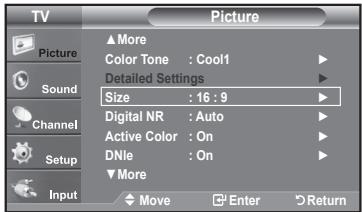 TV Picture ▲More Color Tone : Cool1 Detailed Settings Size : 16 : 9 Digital NR : Auto Active Color : On DNle : On ▼More Move Enter Return
