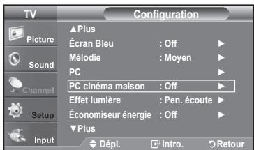 TV Picture Sound Channel Setup Input Configuration ▲Plus Écran Bleu : Off ▶ Mélodie : Moyen ▶ PC PC cinéma maison : Off ▶ Effet lumière : Pen. écoute ▶ Économiseur énergie : Off ▶ ▼Plus Dépl. Intro. Retour