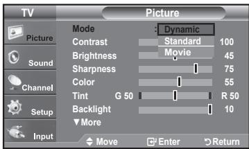 TV Picture Mode Dynamic Contrast Standard 100 Brightness Movie 45 Sharpness 75 Color 55 Tint G 50 R 50 Backlight 10 More Input Move Enter Return