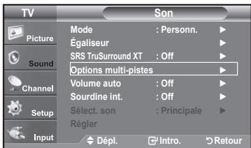 TV Picture Sound Channel Setup Input Mode : Personn. Égaliseur SRS TruSurround XT : Off Options multi-pistes Volume auto : Off Sourdine int. : Off Sélect. son : Principale Régler Dépl. Intro. Retour