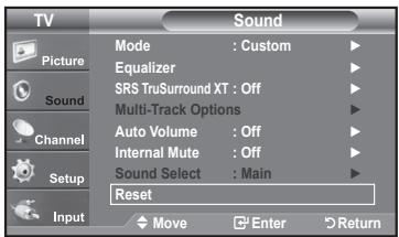 TV Sound Picture Mode : Custom ▶ Equalizer ▶ SRS TruSurround XT : Off ▶ Multi-Track Options ▶ Auto Volume : Off ▶ Internal Mute : Off ▶ Sound Select : Main ▶ Reset Input Move Enter Return