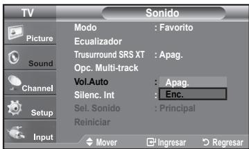 TV Picture Sound Channel Setup Input Modo : Favorito Ecualizador Trusurround SRS XT : Apag. Opc. Multi-track Vol.Auto : Apag. Silenc. Int : Enc. Sel. Sonido : Principal Reiniciar Mover Ingresar Regresar