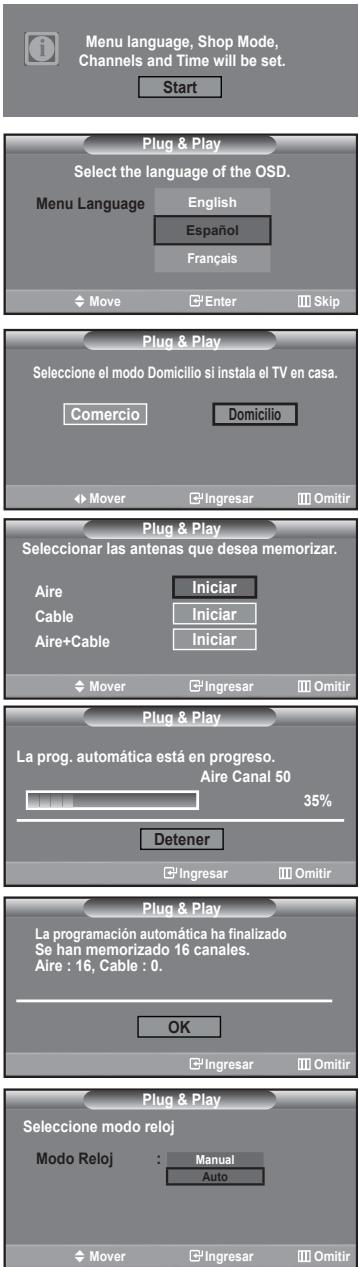 Menu language, Shop Mode, Channels and Time will be set. Start Plug & Play Select the language of the OSD. Menu Language English Español Français Move Enter Skip Plug & Play Seleccione el modo Domicilio si instala el TV en casa. Comercio Domicilio Mover Ingresar Omitir Plug & Play Seleccionar las an…