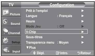 TV Configuration Picture Sound Channel Setup Input Prêt à l'emploi Langue : Français Heure Mode Jeu : Off V-Chip Sous-titres Transparence menu : Moyen Plus Dépl. Intro. Retour