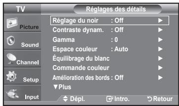 TV Picture Sound Channel Setup Input Réglages des détails Réglage du noir : Off Contraste dynam. : Off Gamma : 0 Espace couleur : Auto Équilibrage du blanc Commande couleur Amélioration des bords : Off Plus Dépl. Intro. Retour