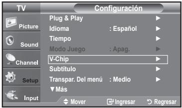 TV Plug & Play Idioma : Español Tiempo Modo Juego : Apag. V-Chip Subtítulo Transpar. Del menú : Medio ▼ Más Mover ▼ Ingresar ▼ Regresar