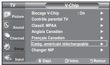TV V-Chip Picture Blocage V-Chip : On Contrôle parental TV Classif. MPAA Anglais Canadien Français Canadien Catég. américain téléchargeable Changer NIP Input Dépl. Intro. Retour