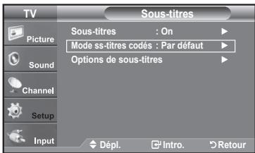 TV Picture Sound Channel Setup Input Sous-titres : On Mode ss-titres codés : Par défaut Options de sous-titres Dépl. Intro. Retour