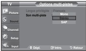 TV Options multi-pistes Picture Sound Channel Setup Input Langue privilégiée : Français Son multi-piste : Mono Stéréo SAP Dépl. Intro. Retour