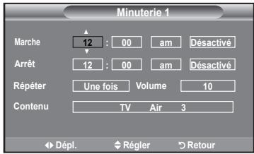 Minuterie 1 Marche 12 : 00 am Désactivé Arrêt 12 : 00 am Désactivé Répéter Une fois Volume 10 Contenu TV Air 3 Dépl. Régler Retour