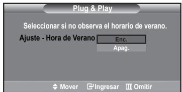 Plug & Play Seleccionar si no observa el horario de verano. Ajuste - Hora de Verano Enc. Apag. Mover Ingresar Omitir