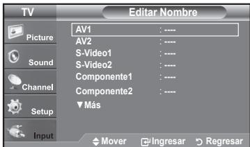 TV Picture Sound Channel Setup Input AV1 : **** AV2 : **** S-Video1 : **** S-Video2 : **** Componente1 : **** Componente2 : **** ▼ Más Mover Ingresar Regresar