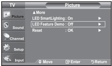 TV Picture ▲More LED SmartLighting: On LED Feature Demo : Off Reset : OK Sound Channel Setup Input Move Enter Return