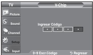 TV V-Chip Picture Sound Channel Setup Input Ingresar Código 0~9 Escr.Código Regresar