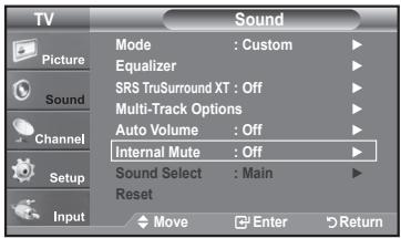 TV Sound Picture Mode : Custom ▶ Equalizer ▶ SRS TruSurround XT : Off ▶ Multi-Track Options ▶ Auto Volume : Off ▶ Channel Internal Mute : Off ▶ Setup Sound Select : Main ▶ Reset Input Move Enter Return