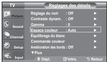 TV Réglages des détails Picture Sound Channel Setup Input Réglage du noir : Off Contraste dynam. : Off Gamma : 0 Espace couleur : Auto Équilibrage du blanc Commande couleur Amélioration des bords : Off Plus Dépl. Intro. Retour