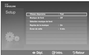 WISELINK Setup Visee diaporama : Fast Musique de fond : Off Sélection musique de fond Reprise de la musique : On Écran de veille : 5 min. Dépl. Intro. Retour