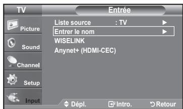 TV Picture Sound Channel Setup Input Liste source : TV Entrer le nom WISELINK Anynet+ (HDMI-CEC) Dépl. Intro. Retour