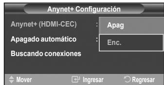 Anynet+ Configuración Anynet+ (HDMI-CEC) : Apag Apagado automático : Enc. Buscando conexiones Mover Ingresar Regresar