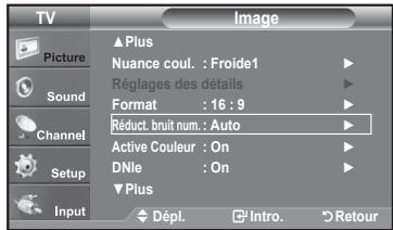 TV Picture Sound Channel Setup Input ▲ Plus Nuance coul. : Froide1 Réglages des détails Format : 16 : 9 Réduct. bruit num. : Auto Active Couleur : On DNle : On ▼ Plus Dépl. Intro. Retour