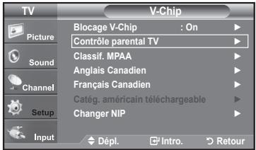TV Picture Sound Channel Setup Input Blocage V-Chip : On Contrôle parental TV Classif. MPAA Anglais Canadien Français Canadien Catég. américain téléchargeable Changer NIP Dépl. Intro. Retour