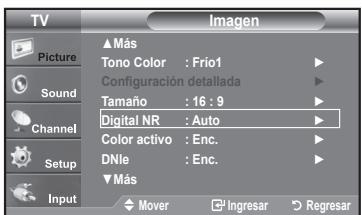 TV Picture Sound Channel Setup Input ▲ Más Tono Color : Frio1 Configuración detallada Tamaño : 16:9 Digital NR : Auto Color activo : Enc. DNle : Enc. ▼ Más Mover Ingresar Regresar