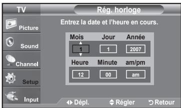 TV Rég. horloge Picture Sound Channel Setup Input Entrez la date et l'heure en cours. Mois Jour Année 1 2007 Heure Minute am/pm 12 00 am Dépl. Régler Retour