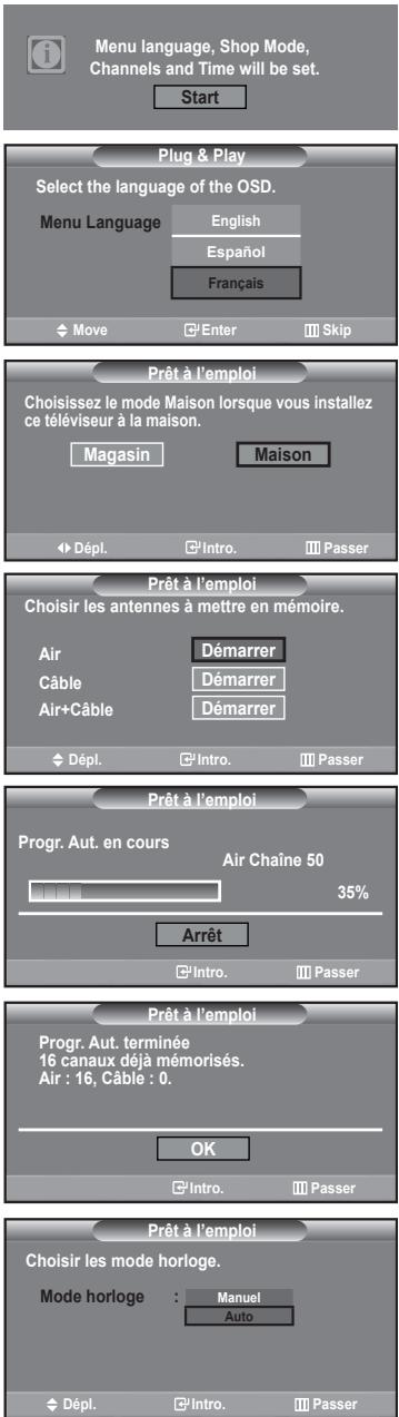 Menu language, Shop Mode, Channels and Time will be set. Start Plug & Play Select the language of the OSD. Menu Language English Español Français Move Enter Skip Prêt à l'emploi Choisissez le mode Maison lorsque vous installez ce téléviseur à la maison. Magasin Maison Dépl. Intro. Passer Prêt à l'em…