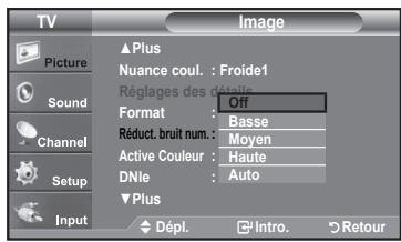 TV Picture Sound Channel Setup Input ▲Plus Nuance coul. : Froide1 Réglages des détaile Format : Off Basse Réduct. bruit num. : Moyen Active Couleur : Haute DNle : Auto ▼Plus Dépl. Intro. Retour