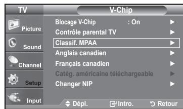 SAMSUNG LN37A450 - Comment configurer les restrictions à l'aide des évaluations MPAA: G, PG, PG-13, R, NC-17, X, NR - 3