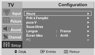 TV Input Picture Sound Channel Setup Configuration Heure Prêt à l'emploi puce V Sous-titres Langue : France Écran bleu : Arrêt PC Dépl. Entrée Retour