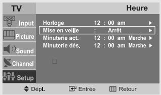TV Input Picture Sound Channel Setup Heure Horfoge 12 : 00 am ▶ Mise en veille ; Arrêt ▶ Minuterie act, 12 : 00 am Marche ▶ Minuterie dés, 12 : 00 am Marche ▶ Dépl. Entrée Retour