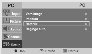 PC Input Picture Sound Channel Setup Verr. image Position Rétablir Réglage auto PC Dépl. Entrée Retour