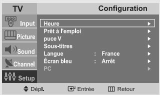 TV Input Picture Sound Channel Setup Configuration Heure Prêt à l'emploi puce V Sous-titres Langue : France Écran bleu : Arrêt PC Dépl. Entrée Retour