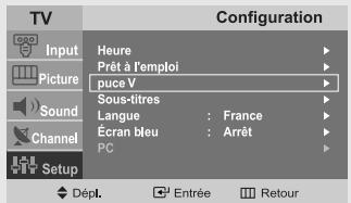 TV Input Picture Sound Channel Setup Configuration Heure Prêt à l'emploi puce V Sous-titres Langue : France Écran bleu : Arrêt PC Dépl. Entrée Retour