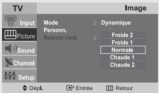 TV Input Picture Sound Channel Setup Mode : Dynamique Personn. Nuance coul. : Froide 2 Froide 1 Normale Chaudé 1 Chaudé 2 Dépl. Entrée Retour