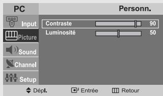 PC Input Picture Sound Channel Setup Contraste 90 Luminosité 50 Dépl. Entrée Retour Personn.