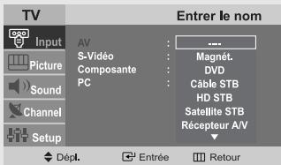TV Input Picture Sound Channel Setup Entrer le nom AV : ... S-Vidéo : Magnét. Composante : DVD PC : Câble STB HD STB Satellite STB Récepteur A/V Dépl. Entrée Retour