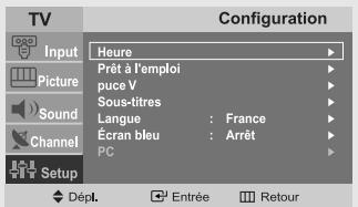 TV Input Picture Sound Channel Setup Configuration Heure Prêt à l'emploi puce V Sous-titres Langue : France Écran bleu : Arrêt PC Dépl. Entrée Retour